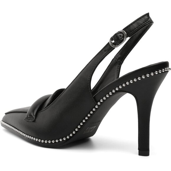 Women Black Pu Stiletto Beaded Pointed Toe Shoes Slip On Loafers Slingback Heels - Picture 6 of 7